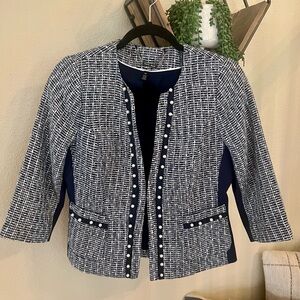 WHBM Women's Navy and White Tweed Suit Jacket Size 6P